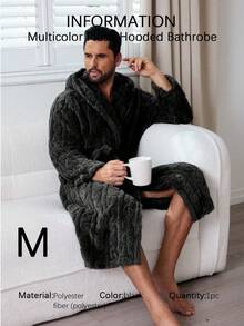 Multi-Color Plush Cable Jacquard Hooded Bathrobe - Men's Couples Style For Autumn/Winter Elegant & Fashionable Home Leisure Wear - Black - View 9