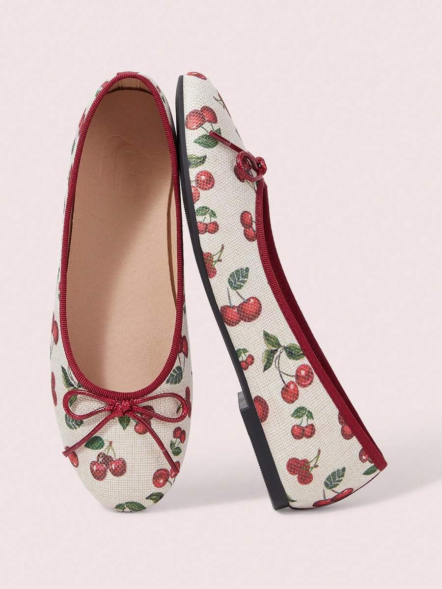 CUCCOO DOLLMOD Women's Shoes, Cherry Print, Casual Flats With Bows, Ballet Shoes Fall Shoes - Burgundy 1 - View 1