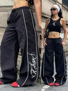 Coolane 女款夏季街頭風休閒運動服印花舒適健身跑步運動慢跑黑色寬鬆長褲 - 黑色 - 查看 1