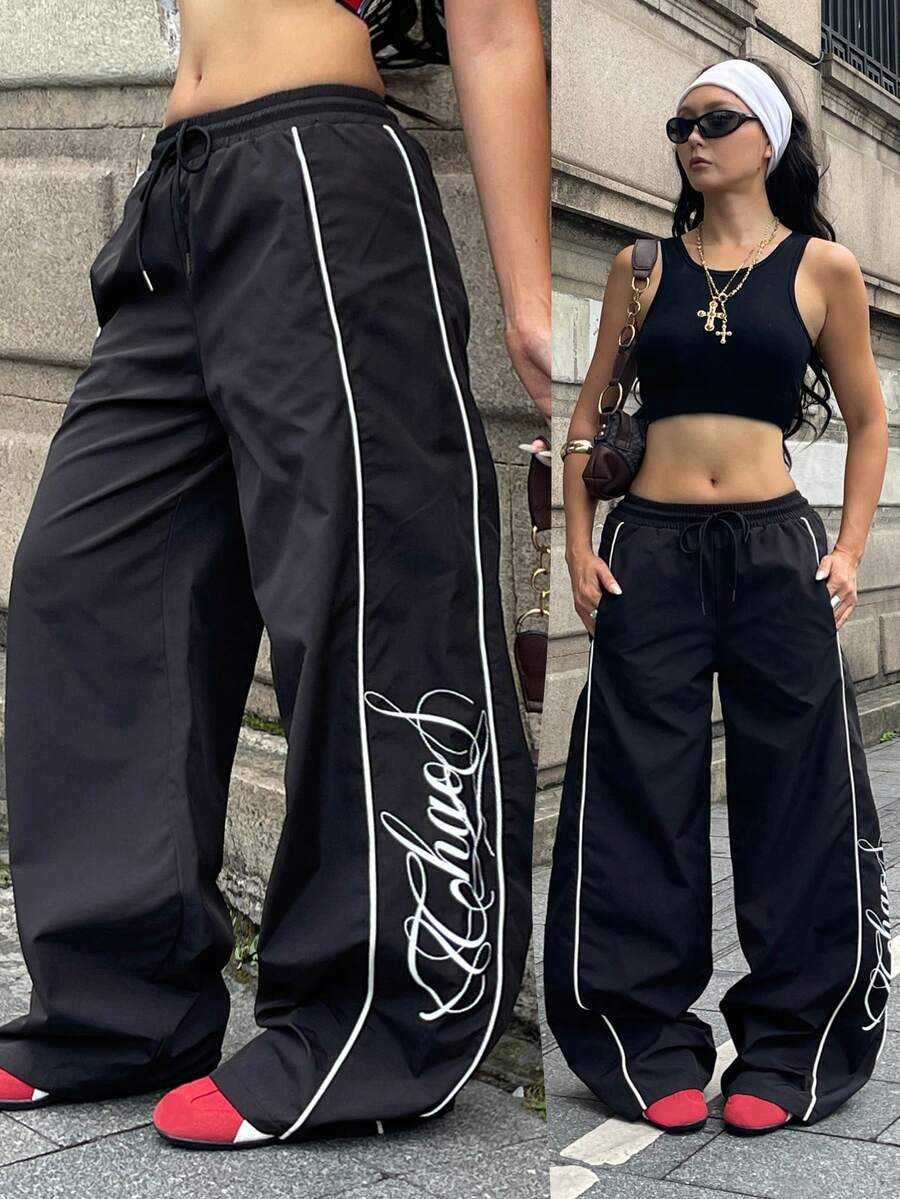 Coolane 女款夏季街頭風休閒運動服印花舒適健身跑步運動慢跑黑色寬鬆長褲 - 黑色 - 查看 1