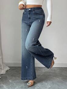 DAZY Women's High Waist Wide Leg Washed Rhinestone Thermal Lined Denim Jeans Casual Style Winter Fall - Dark Wash - View 11