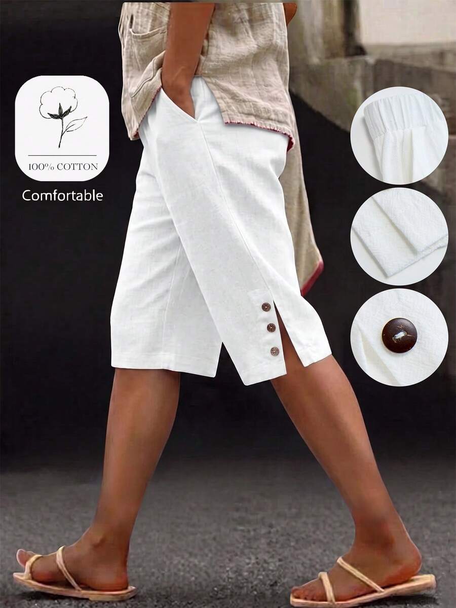 EMERY ROSE Plus Size Women Summer 100% Cotton Capri Pants,White Sommar Basic Casual Beach Holiday Vacation Bottoms With Button Decor,Practical Pockets & Slit Hem - White - View 1
