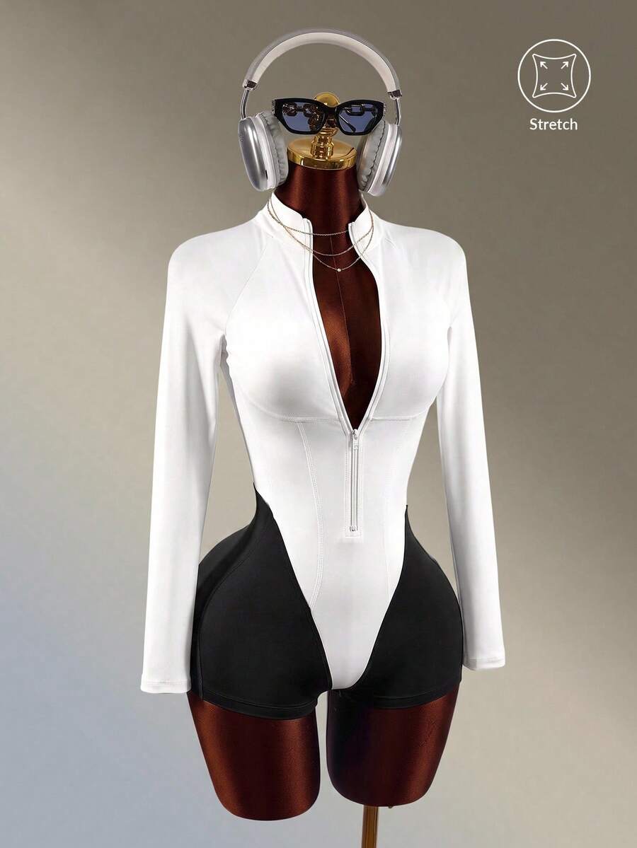 Amplova Colorblock Patchwork Backless Sports Romper Black And White Color-Blocked Long-Sleeved Backless Jumpsuit For Fitness, Running, And Casual Style Sexy
