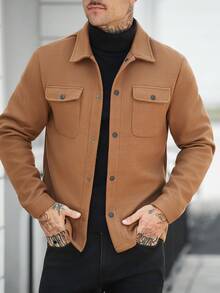 Manfinity LEGND Men's Solid Color Single-Breasted Casual Versatile Daily Wear Long Sleeve Wool Jacket - Khaki - View 5