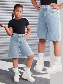 SHEIN Tween Girl Retro Washed Loose Fit Baggy Bermuda Denim Shorts With Slanted Pockets, Fall Streetwear - Light Wash - View 1