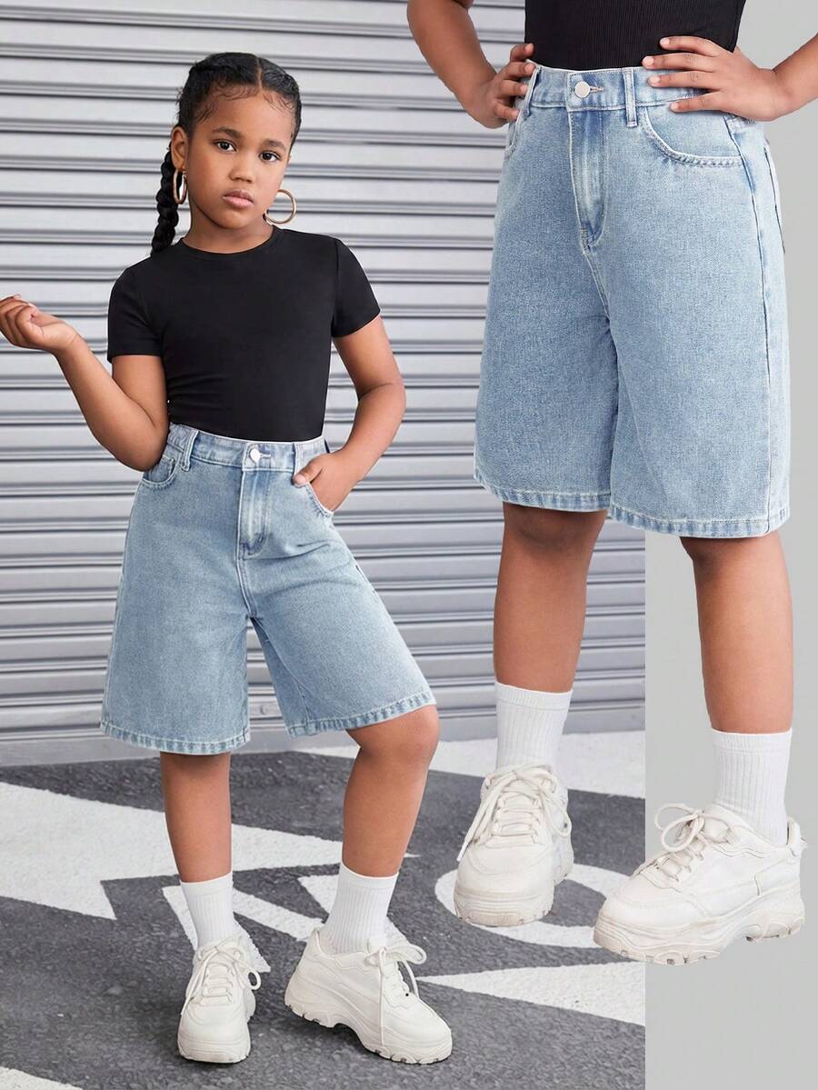 SHEIN Tween Girl Retro Washed Loose Fit Baggy Bermuda Denim Shorts With Slanted Pockets, Fall Streetwear - Light Wash - View 1