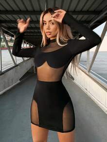 SHEIN ICON Contrast Mesh Mock Neck Bodycon Mini Dress - Black - View 4
