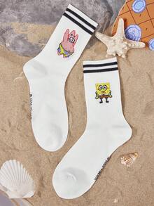 SpongeBob SquarePants | SHEIN 1 Pair Of Comfortable And Cute Cartoon Pattern Tube Socks - Black and White - View 2