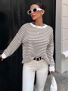 SHEIN Cottnline Women's Striped Drop Shoulder Sweater - Brown - View 3