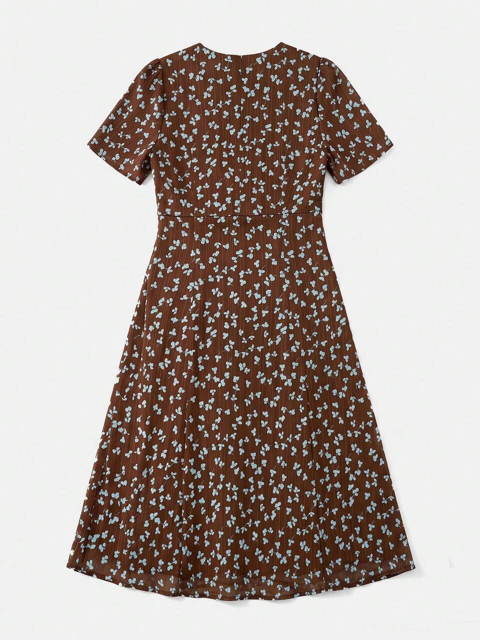 Romantic Brown Midi Dress With Blue Floral Print, Short Sleeves And Front Opening