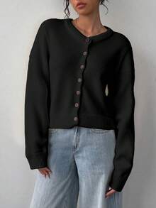 SHEIN BASICS 休閒極簡風開襟針織衫，適合秋冬外出穿著，秋冬服飾 - 黑色 - 查看 5