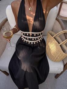 SHEIN PETITE Damen Petite Sommerkleid in Schwarz und Creme, lang, strukturierter Stoff, Seestern-Muschel-Quasten-Band-Dekor, tiefer V-Ausschnitt, Neckholder mit Bindung, A-Linie, Urlaub, Strand, Boho - Schwarz - Übersicht 1