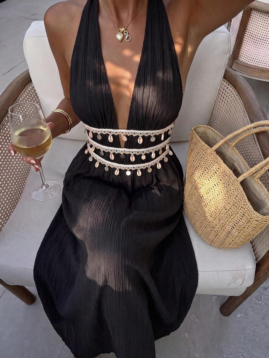SHEIN PETITE Damen Petite Sommerkleid in Schwarz und Creme, lang, strukturierter Stoff, Seestern-Muschel-Quasten-Band-Dekor, tiefer V-Ausschnitt, Neckholder mit Bindung, A-Linie, Urlaub, Strand, Boho - Schwarz - Übersicht 1