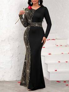 SHEIN Lady Women's Gold & Silver Metallic Spliced Long Sleeve Colorblock Dress - Black - View 5