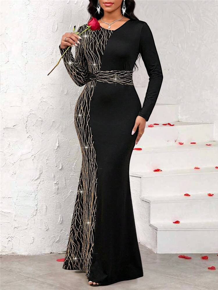 SHEIN Lady Women's Gold & Silver Metallic Spliced Long Sleeve Colorblock Dress - Black - View 5