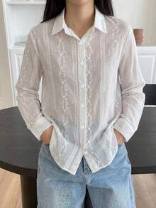 DAZY 優雅老錢風純色長袖春夏女款襯衫 - 白色 - 查看 1