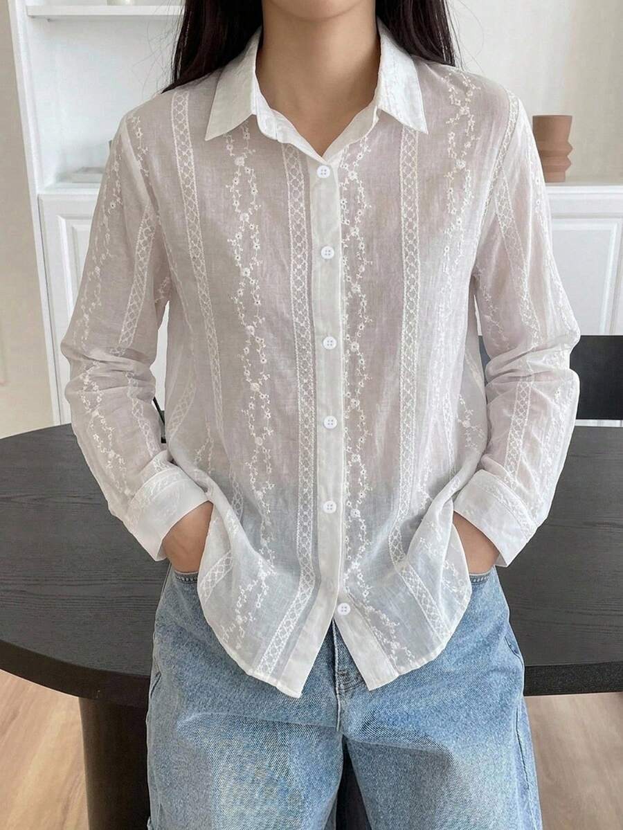 DAZY 優雅老錢風純色長袖春夏女款襯衫 - 白色 - 查看 1