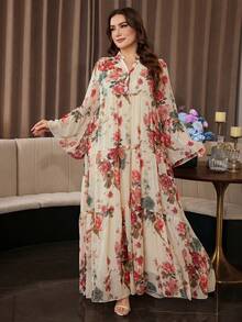 Al Najma Plus Size Women's Fashion Elegant Printed Minimalist A-Line Dress - Apricot - View 3