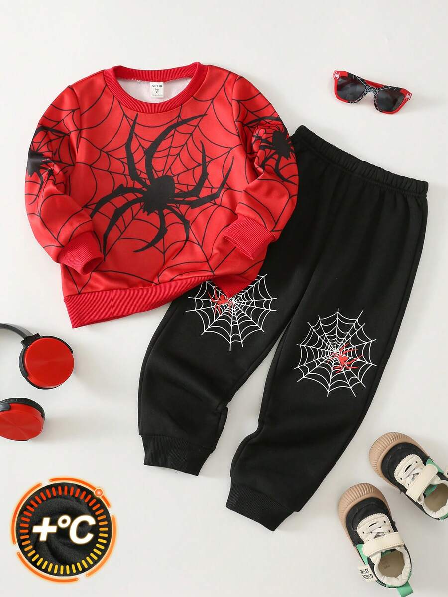SHEIN 兒童小男孩秋季新品休閒日常穿著蜘蛛印花圓領長袖套頭衛衣與鬆緊腰長褲兩件套 - 彩色 - 查看 1
