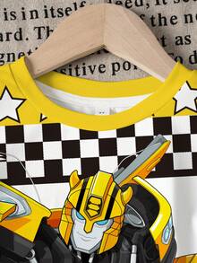 Transformers X SHEIN طقم تي شيرت قصير الأكمام وشورت بطبعة مربعات للأولاد الصغار - أبيض - مشاهدة 5