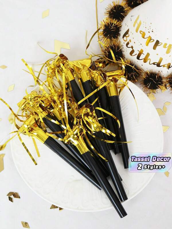 10/20pcs Gold And Silver Tassel Curls, Black Party Blowers, Creative Fun Holiday Party Supplies For All Celebrations