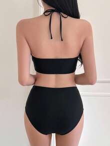 DAZY Black Sexy Ruched Flattering Vacation Swimwear Beach Outfits - Black - View 2