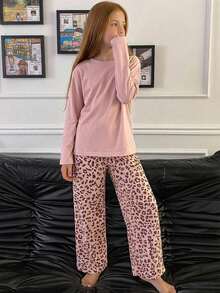 DAZY Tween Girl Round Neck Long Sleeve Pocket Top And Leopard Print Pants Loungewear - Baby Pink - View 1
