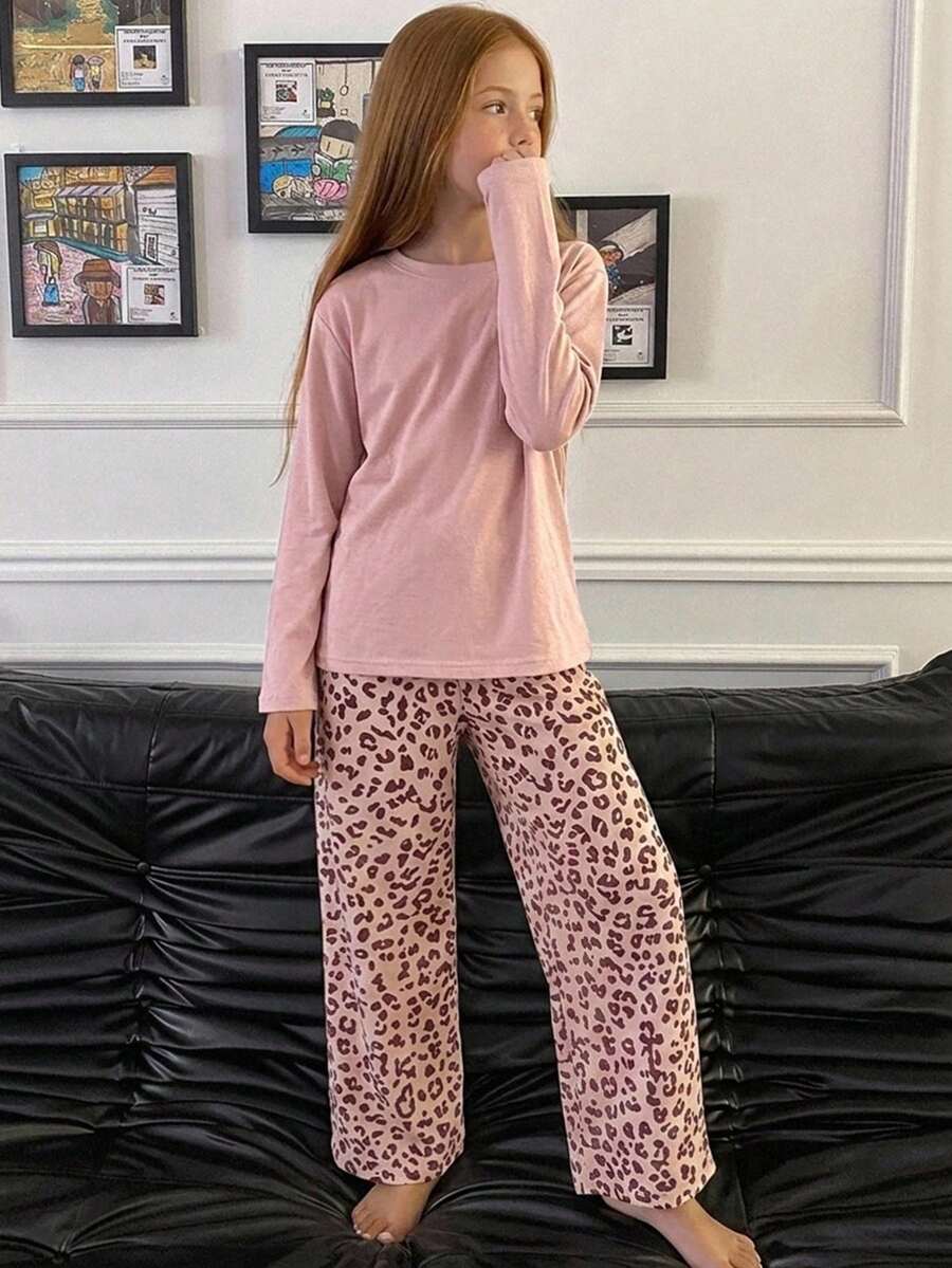 DAZY Tween Girl Round Neck Long Sleeve Pocket Top And Leopard Print Pants Loungewear - Baby Pink - View 1