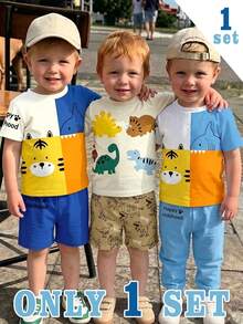 1 Random Set,  Boys Casual Cute Cartoon Animal Pattern Patchwork Blue Contrast Color Crew Neck T-Shirt And Shorts Printed Pattern Set, - Multicolor - View 1