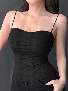 DAZY Self-Padded Ruched Design Fitted Camisole Tank Top Crop Women Tops - Black - View 5