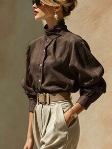 SHEIN Women's Solid Color Single-Breasted Casual Versatile Daily Wear Shirt - Brown - View 6