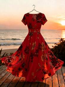 GlowEve Women's Bohemian Style V-Neck Floral Print High Waist Dress - Red - View 2
