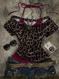 Attitoon Casual Minimalist Sexy Brown Leopard Print Full Pattern Contrast Burgundy Women's 2 In 1 T-Shirt Suitable For Spring/Summer Vintage Retro Style Sexy Style Cute Y2K Coconutgirl Boho Bohemian Hippie Style Music Festival Suitable For Summer