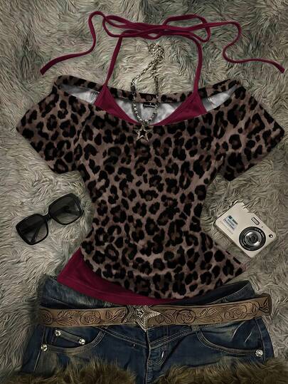Attitoon Casual Minimalist Sexy Brown Leopard Print Full Pattern Contrast Burgundy Women's 2 In 1 T-Shirt Suitable For Spring/Summer Vintage Retro Style Sexy Style Cute Y2K Coconutgirl Boho Bohemian Hippie Style Music Festival Suitable For Summer