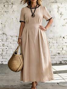 Ceyna Plus Size Women French Casual Elegant Cinched Waist Round Neck Short Sleeve Dress - Apricot - View 2