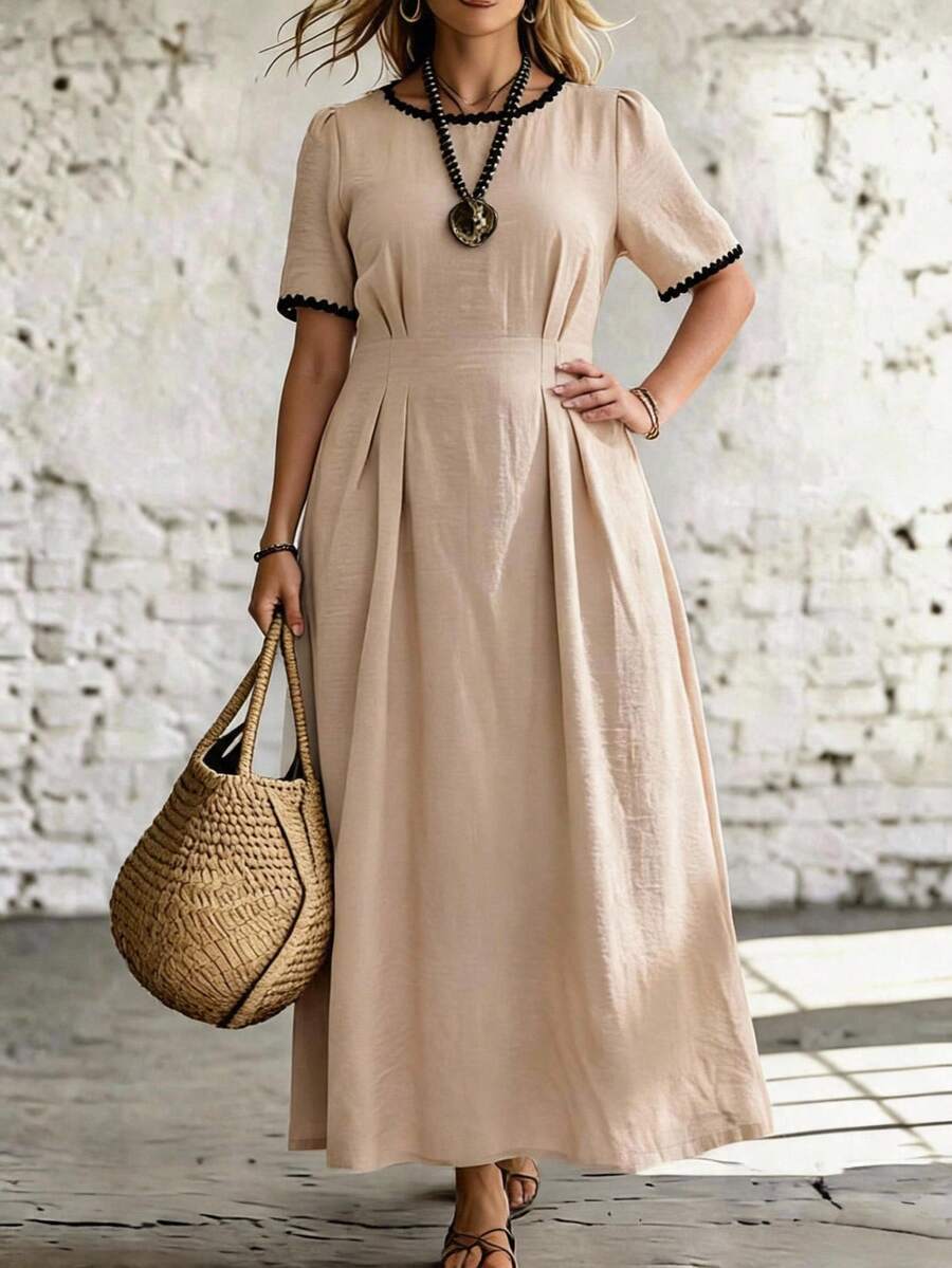 Ceyna Plus Size Women French Casual Elegant Cinched Waist Round Neck Short Sleeve Dress