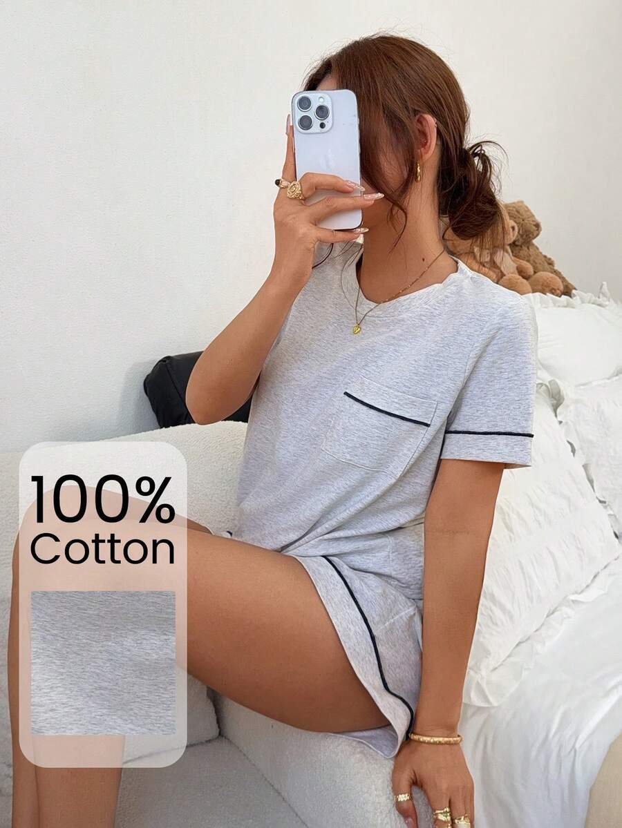Napfluff Women's Knit Round Neck Short Sleeve Trim Shorts Pajama Set Lounge Light Grey Summer Casual Cute - Light Grey - View 1