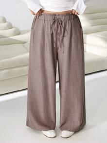 Solflare Plus Size Casual Daily Pocket Loose Drawstring Waist Pants - Khaki - View 6