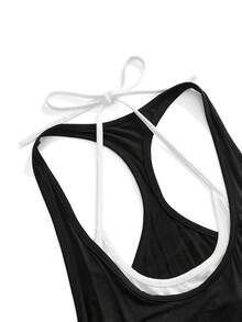 ROMWE 夏季度假穿搭 極簡對比色 2合1口袋背心 - 黑色 - 查看 3