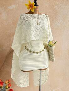 Soleia 2pcs Shawl & Fitted Mini Dress Set, Elegant - White - View 4