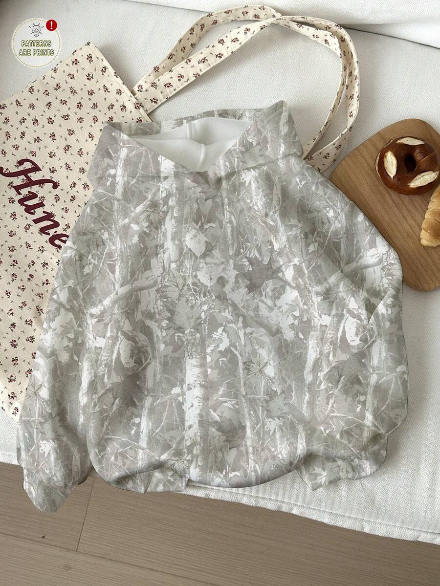 Casual Minimalist Street Style Faux Washed Effect Branch Camouflage All-Over Print Thin Hooded Sweatshirt, Suitable For Autumn/Winter And Spring/Summer, Sports Style - Multicolor - View 1