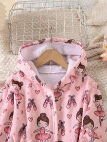 SHEIN 秋冬女童幼兒芭蕾數位印花圖案柔軟親膚粉色連帽長袖雙面法蘭絨單件睡衣家居服 - 粉色 - 查看 8