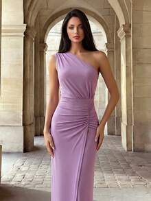Firerie Gaun Bridesmaid Wanita dengan Desain Berkerut, Leher Asimetris dan Belahan, Gaun Malam Formal Elegan untuk Pesta Prom, Pernikahan, dan Acara Makan Malam Musim Gugur. - Lilac Purple - View 5