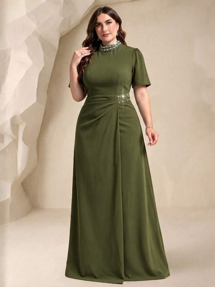 Coutiva 大尺碼女款水鑽裝飾百褶正式晚禮服洋裝 - 軍綠色 - 查看 1