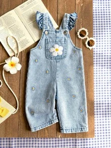 SHEIN Vintaside Kids 可愛女嬰藍色牛仔吊帶褲，荷葉袖、雛菊植物刺繡、口袋細節與肩帶設計，秋季款 - 藍色 - 查看 4