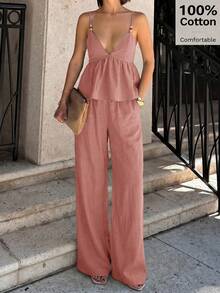Siren Gaze Women's Solid Color Pleated Cami Top & Long Pants Casual Daily 2 Pieces Set - Dusty Pink - View 2
