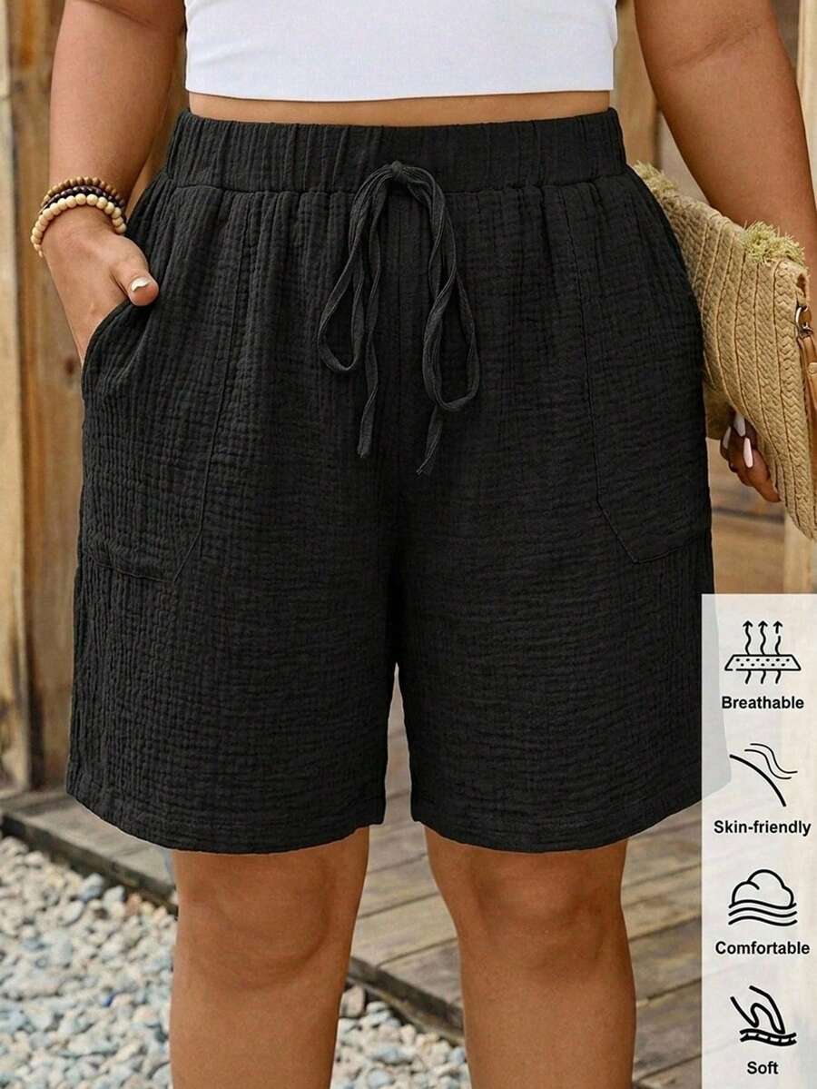 Comfylo Plus Size Textured Solid Color Drawstring Waist Pocket Shorts For Vacation Bussines Vacation Carribean Black Summer Casual - Black - View 1