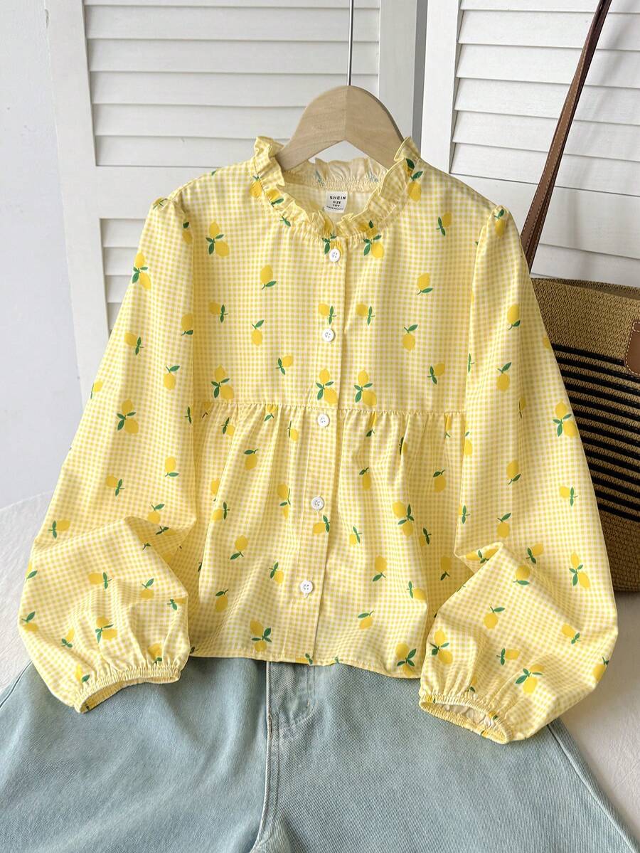 SHEIN Tween Girl Back To School Tween Girls Collared Plaid Lemon Pattern Shirt, Autumn/Winter/All Season Wear - Yellow - View 1