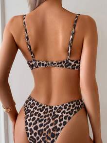 Swim Basics Set Bikini Wanita Seksi Motif Leopard dengan Bantalan dan Tali Bahu Tipis, Musim Panas - MultiWarna - View 2
