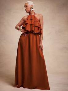 Vixey Solid Chiffon Fully Lined Tiered Ruffle Flowy Halter Neck Maxi Dress, Casual Dress - Orange - View 1